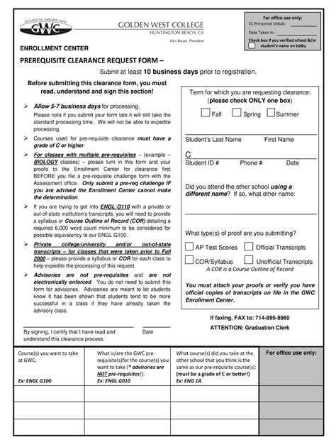 occ prerequisite clearance form